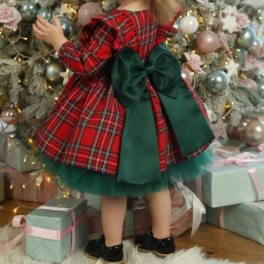 Children's Red Tartan Holiday Dress with Green Bow